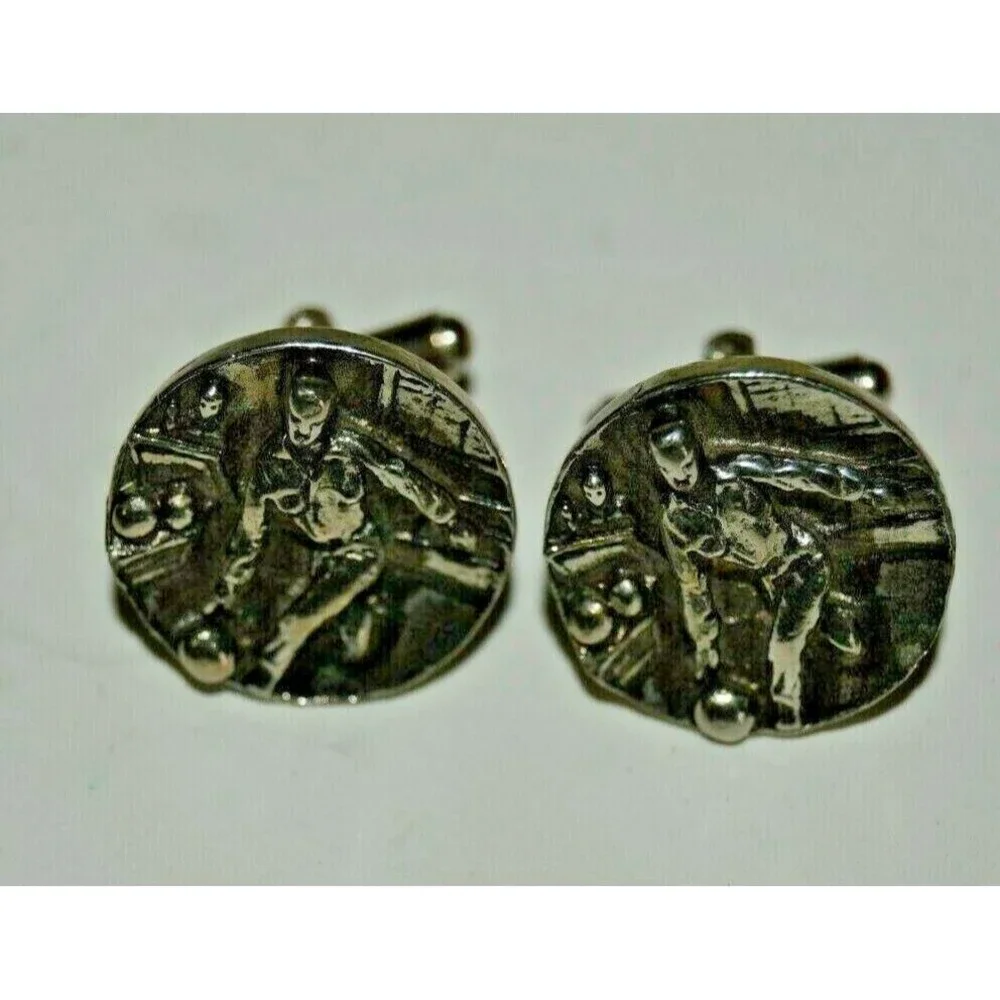 Vintage Large Silver Tone 3D Bowling Bowler Round Cuff Links Tie Bar Set RARE
